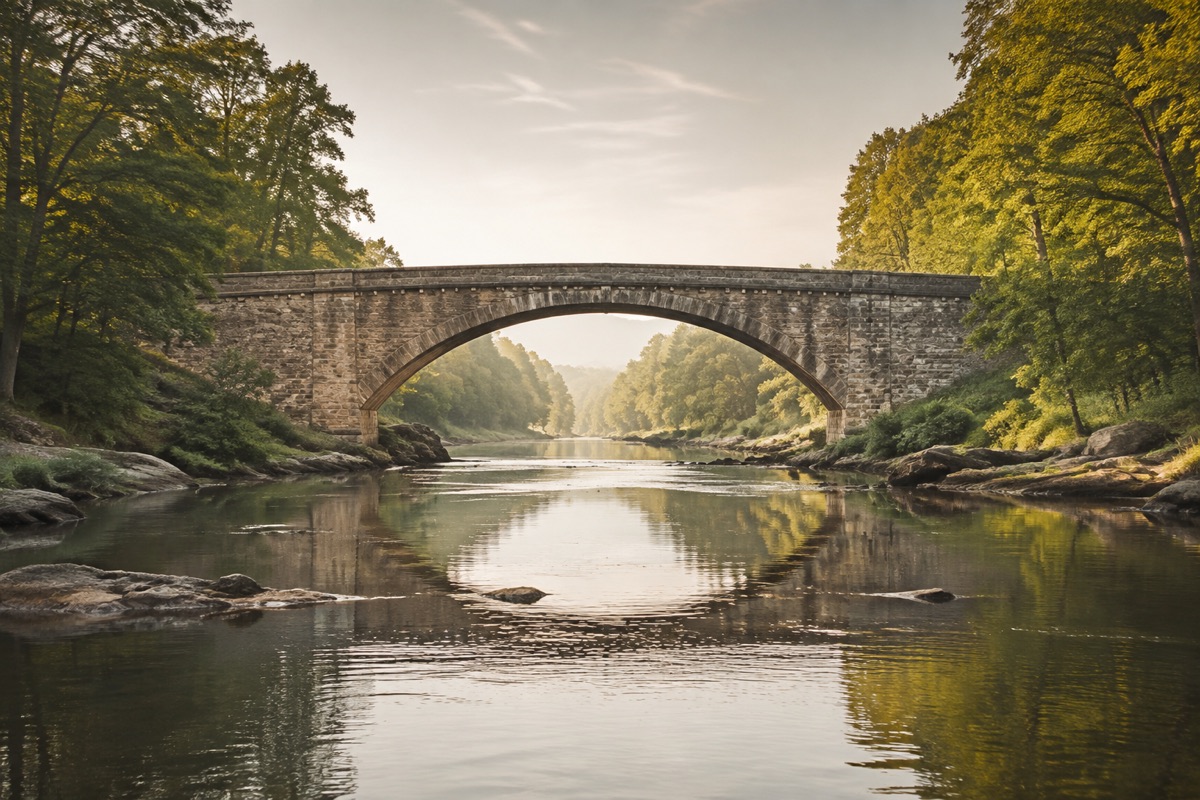 A stone bridge connecting two wooded riverbanks
